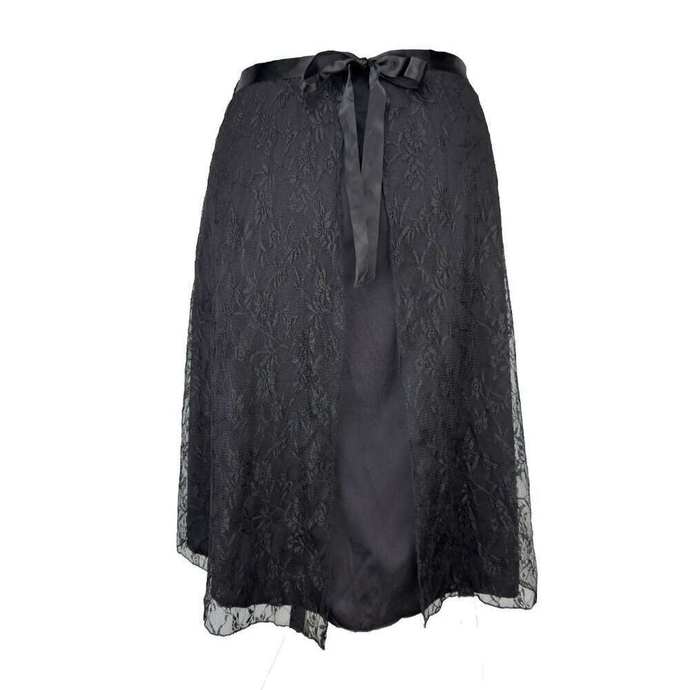 MIKK Whimsigoth Satin‎ Ribbon 🎀  Waist Lace Black Knee-lenght Midi Skirt sz M
